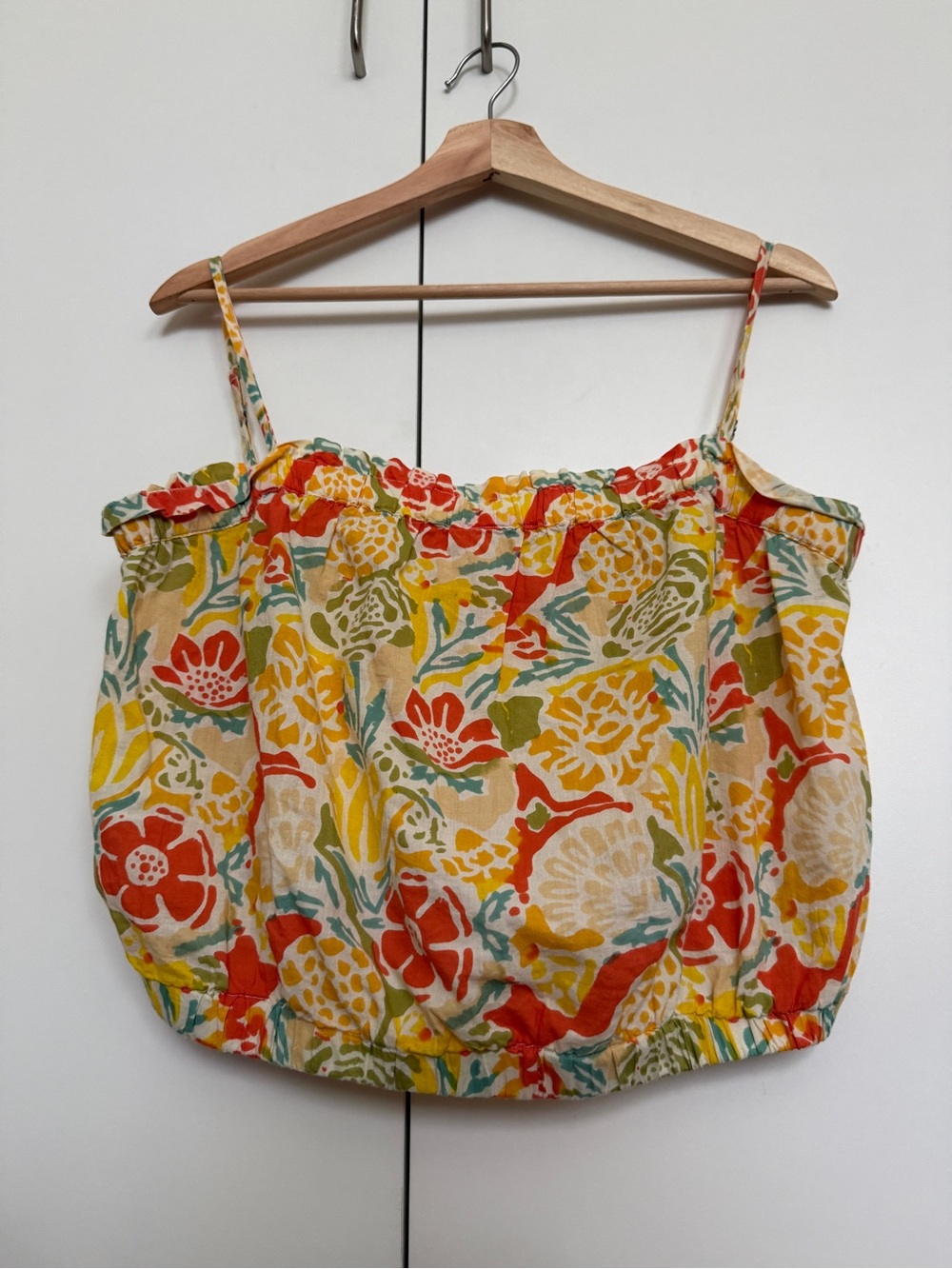 Floral Print Spaghetti Strap Bubble Hem Top - Yellow/Red/Green